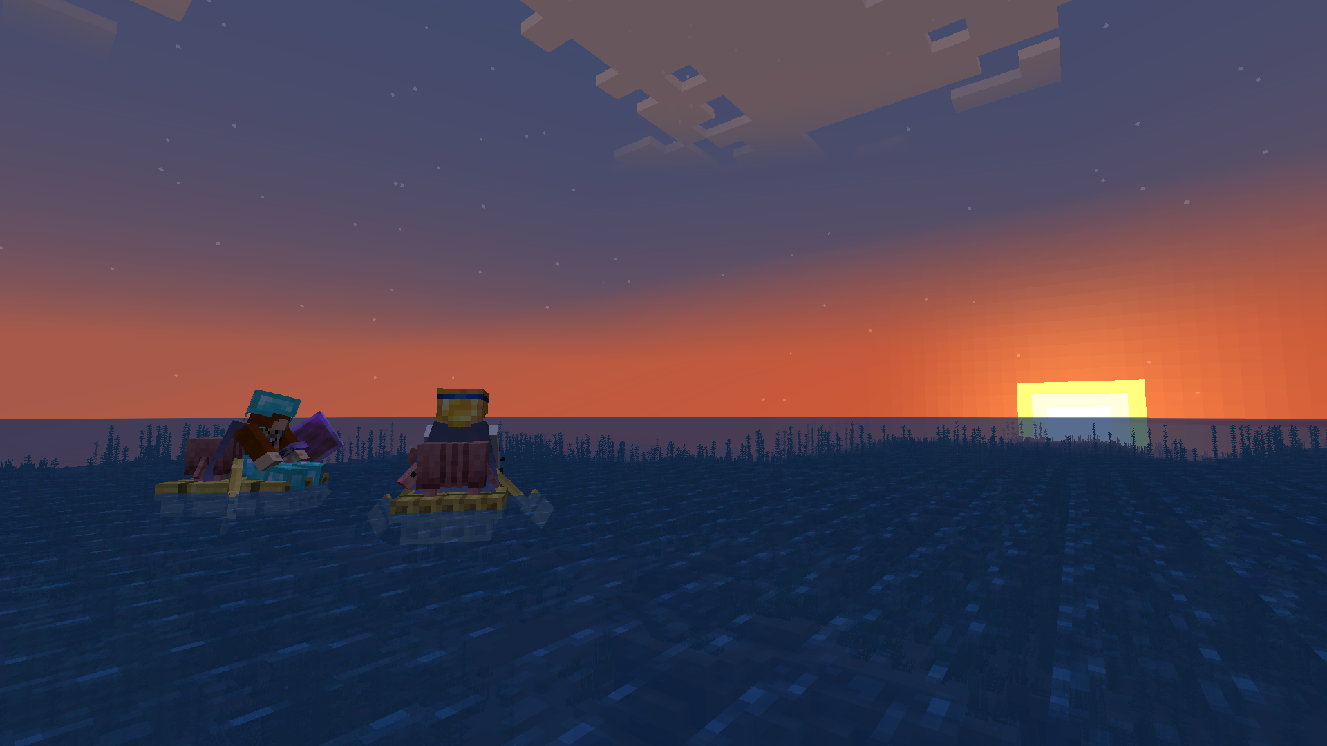 Two Minecraft Players on bamboo rafts watch the sunset